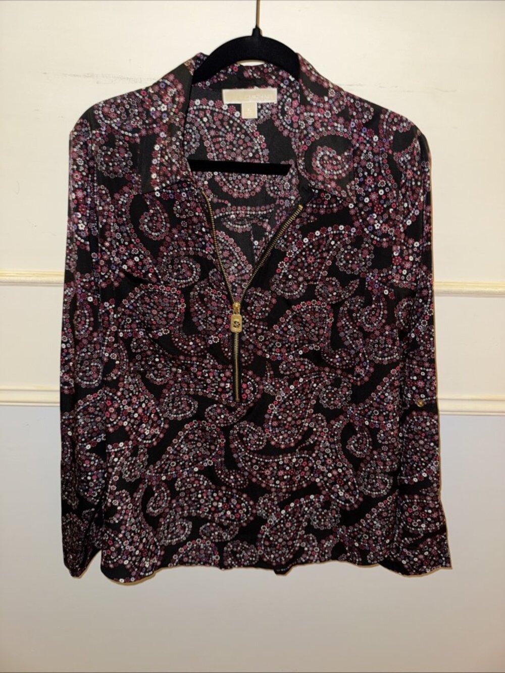 Michael Kors Floral Paisley Zip Front Collar Long Sleeve Blouse Black Maroon XL
